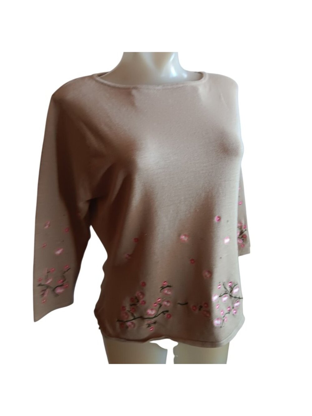Medium Vintage Top 90's Kathy Ireland Pink Floral Embroidery 3/4 Sleeves Womens